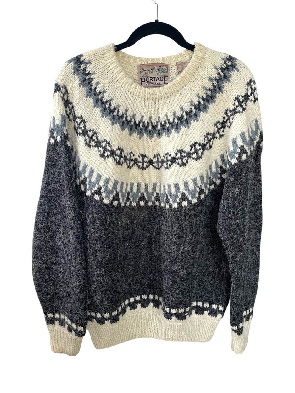 Vintage Portage Men's Handknit Crewneck Nordic Fair-Isle Sweater Cream Gray M